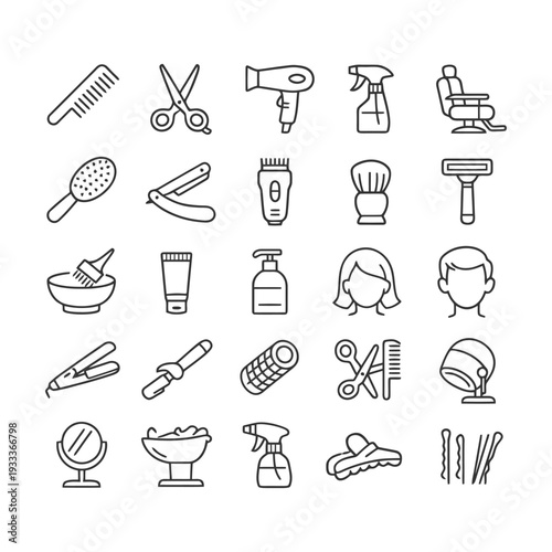 Hairdressing tools: icons of scissors, brushes, razors, and mirror.