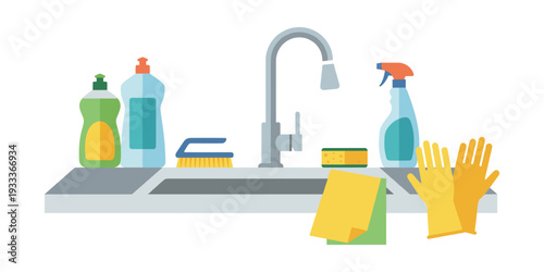 Kitchen sink setup showing various cleaning products and tools, illustrating hygiene and household chores