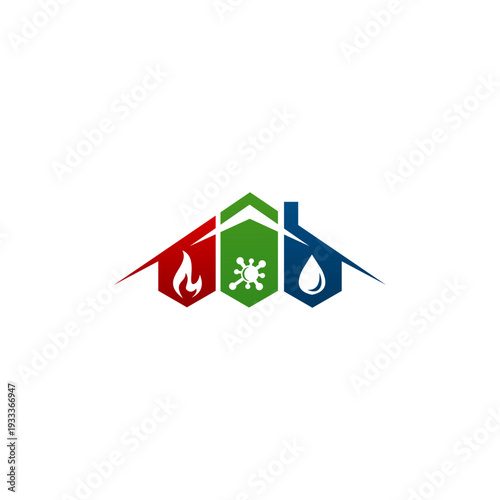 Home damage restoration logo featuring icons for fire, water, mold,  damage repair services set. Perfect vector symbol for insurance, cleanup, and disaster relief companies