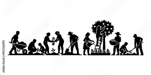People engaging in diverse agricultural activities, including planting, digging, watering, and harvesting produce with teamwork and collaboration