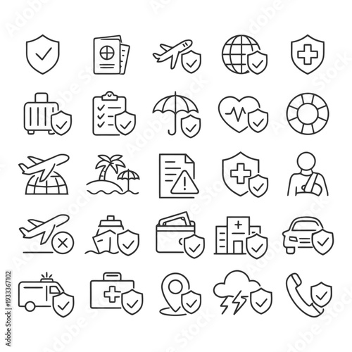 Travel and health insurance icons set with global safety symbols.