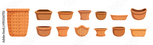 Various wicker bowls. Flowerpots rural style, home accessories and crockery. Decorative pots, bowl for interior decor. Isolated vector collection