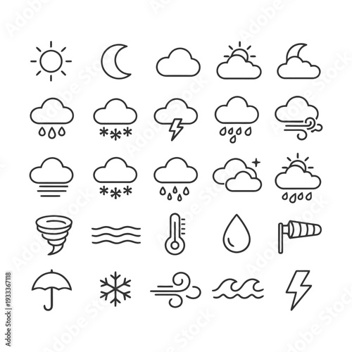 Weather icons set: sun, cloud, rain, snow, wind, temperature, umbrella, lightning.