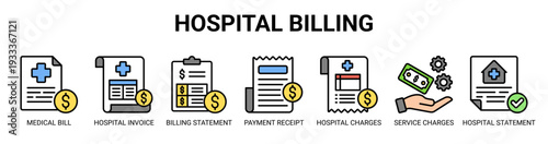 Hospital Billing web banner icon vector illustration concept with icons of medical bill, hospital invoice, billing statement, payment receipt, hospital charges, service charges, and hospital statement