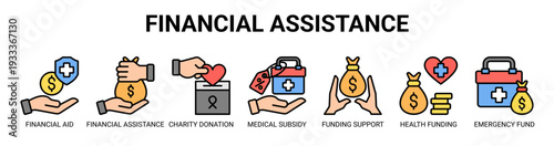 Financial Assistance web banner icon vector illustration concept with icons of financial aid, financial assistance, charity donation, medical subsidy, funding support, health funding, and more.