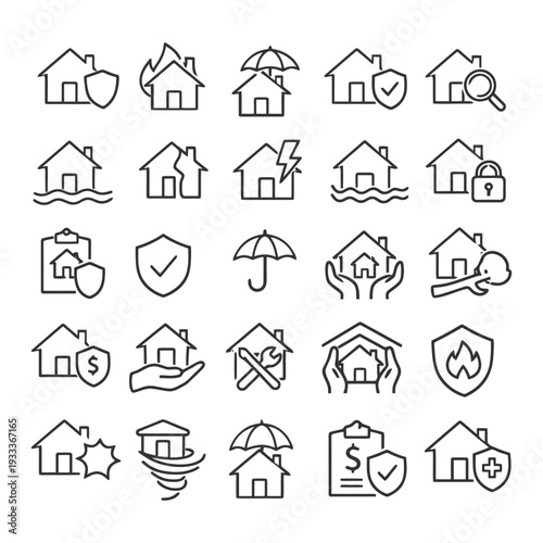 Home insurance icon set featuring safety, protection, and disaster management symbols.