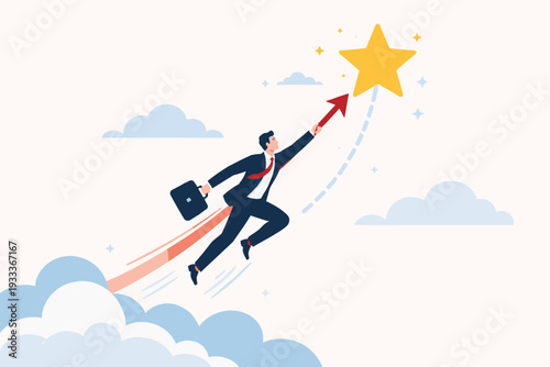 Ambitious businessman flying upwards towards a golden star with a red arrow, symbolizing career growth, success, motivation, and reaching business goals in a flat vector illustration style.