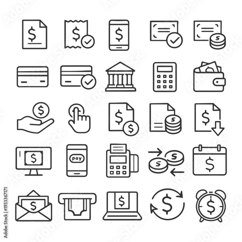 Financial icon set featuring banking symbols and payment methods.