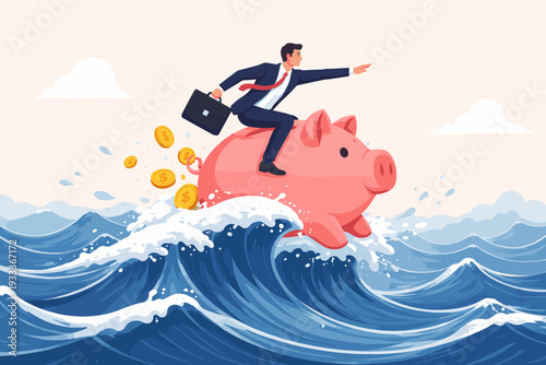 Businessman Riding a Giant Piggy Bank on Stormy Ocean Waves, Concept of Financial Crisis Management, Saving Money, Economic Stability, Wealth Protection, and Navigating Market Volatility Vector.