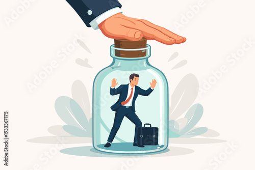 Businessman Trapped Inside a Glass Bottle with a Giant Hand Closing the Cork, Concept of Corporate Pressure, Lack of Freedom, Career Limitations, Workplace Stress, and Control. Flat Vector.