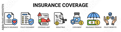 Insurance Coverage web banner icon vector illustration concept with icons of health insurance, policy document, coverage limit, deductible amount, copayment, insurance premium, and policy benefits.