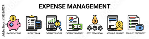 Expense Management web banner icon vector illustration concept with icons of health savings, budget plan, expense tracker, expense summary, cost breakdown, account balance, and account statement.