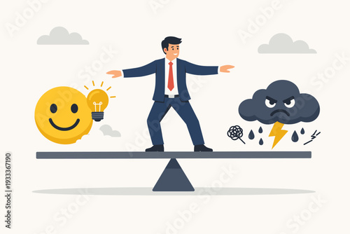 Businessman Balancing Positive and Negative Emotions on Seesaw, Concept of Emotional Intelligence, Mental Health, Stress Management, Optimism vs Pessimism, Psychological Stability and Wellbeing.