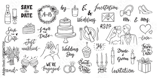 Doodle wedding elements. Marriage symbols, decorative design for invitation, posters, cards. Retro glasses, shoes, bride and groom characters, neoteric vector set