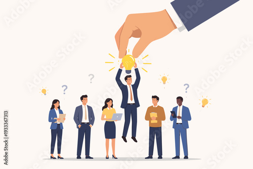 Human Resources Recruitment Concept with Giant Hand Picking Best Candidate Holding a Glowing Lightbulb Idea from a Group of Diverse Business Professionals, Talent Acquisition and Selection Process