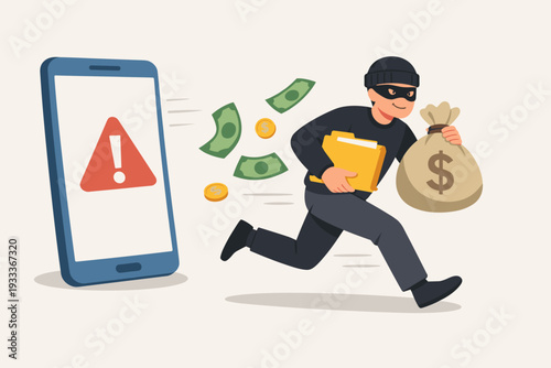 Cybercrime and Data Theft Concept with a Masked Thief Running Away from a Smartphone Carrying a Money Bag and Folder, Representing Mobile Hacking, Financial Fraud, and Security Breach Alert.