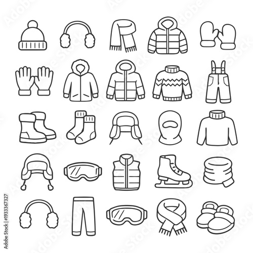 Winter clothing icons: hats, jackets, scarves, gloves, and boots.