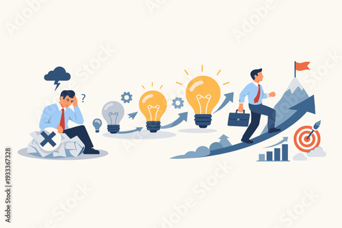 Businessman Learning from Mistakes and Developing Ideas to Achieve Success, Professional Growth Concept with Employee Overcoming Failure and Reaching Goals through Innovation and Persistence