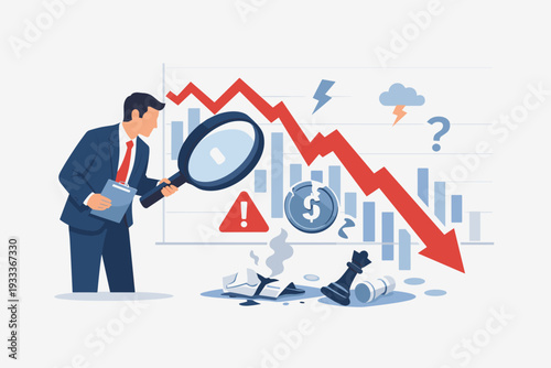 Businessman Analyzing Stock Market Crash and Financial Failure with Magnifying Glass, Learning from Investment Mistakes and Economic Downturn Concept, Global Financial Crisis and Recession Vector