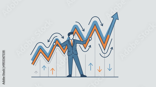 Businessman managing stock market volatility with a rising and falling line graph. Concept of financial investment risk, economic fluctuation, and business growth strategy in a flat vector style.