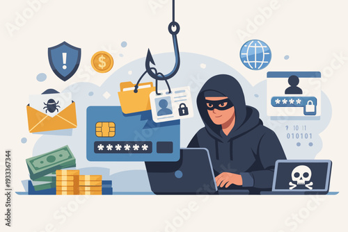 Cyber criminal hacker using phishing hook to steal online money, personal data, and identity. Concept of internet fraud, malware, and credit card theft with laptop and digital security icons.