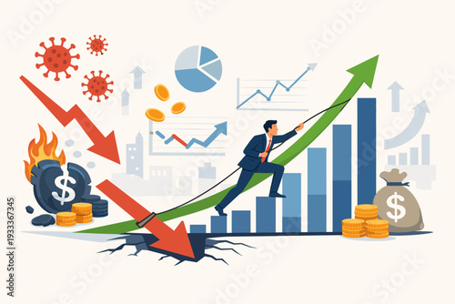 Businessman Pulling Up Growth Arrow to Recover Economy from Financial Crisis and Pandemic Crash, Concept of Business Resilience, Market Restoration, and Success Amidst Global Economic Downturn.