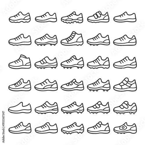 Variety of outlined sports and casual shoes in rows.