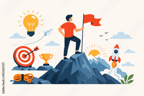 Motivation and inspiration concept vector illustration with a man on a mountain peak holding a flag, surrounded by icons of success like a rocket, lightbulb, target, trophy, and paper plane.