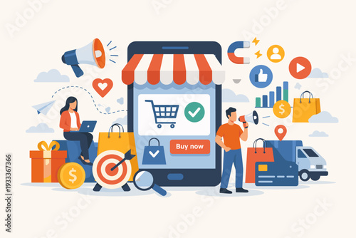 Mobile Marketing and E-commerce Concept Illustration Featuring People Using Smartphone for Online Shopping, Digital Advertising, Social Media Promotion, Sales Strategy, and Retail Business.