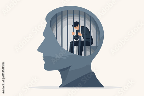Businessman Trapped in a Mind Prison Behind Bars Inside a Human Head Silhouette, Conceptual Vector Illustration for Mental Health, Depression, Anxiety, Stress, Burnout, and Feeling Confined.