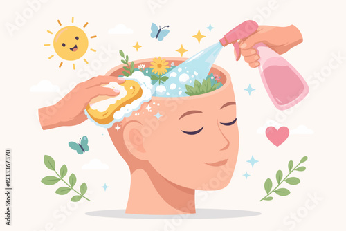 Psychotherapy metaphor of a clean mind and fresh head vector illustration with hands washing and watering a garden inside a brain, symbolizing mental health, self-care, and emotional wellness.