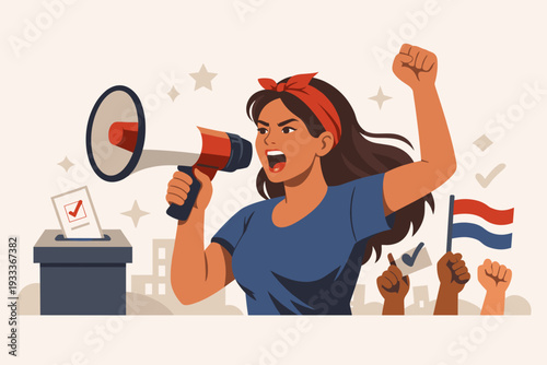 Strong Woman Activist Speaking into Megaphone Calling for Votes in Netherlands Election, Female Empowerment and Suffrage Concept with Ballot Box, Dutch Flag, and Protesting Crowd Illustration