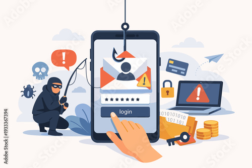 Phishing and Cyber Crime Concept Illustration with Hacker Stealing Password and Personal Data from Mobile Phone Login Screen, Online Fraud, Identity Theft, Data Breach, and Internet Security.
