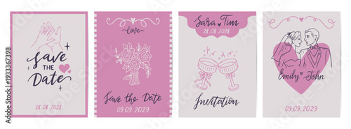 Save the date cards. Simple wedding invitation postcards with doodle symbols and lettering inscriptions. Decorative creative design, neoteric vector template