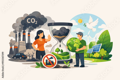 Stop Air Pollution and Carbon Dioxide Reduction Concept with People Protecting Earth, Hourglass Showing Time Running Out for Climate Change, Renewable Energy, and Environmental Protection Art