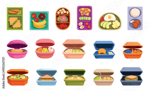 School meals. Cartoon trays from cafeteria with different dishes. Office food in plastic boxes. Sandwiches, fruits, sweets, salads and rice with chicken, sapid vector set