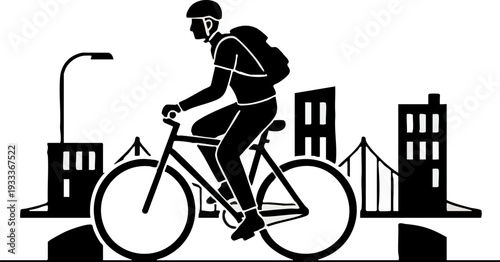 Urban Cyclist Riding Bicycle in Cityscape Silhouette