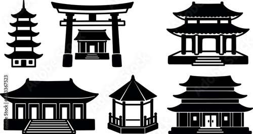 Flat design silhouette set of asian temple icons including five structures pagoda torii shrine pavilion gazebo in simple black vector