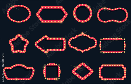 Cartoon bulb frames. Blank lamp signs for circus, theater, cinema. Retro style signboards with lamps. Shining festival fair banners, sapid vector set