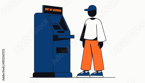 Frustrated person with broken ATM machine displaying 'Out of Service' message, modern illustration concept