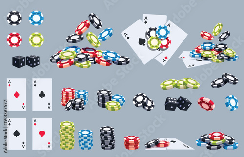 Casino dice cards chips. Playing card and chip in fly. Poker, roulette accessories, gambling game coins various rotates and angles, sapid vector set