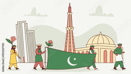 Pakistani people celebrating national pride and unity carrying the green flag with crescent and star during a festive parade honoring workers and national heritage with iconic