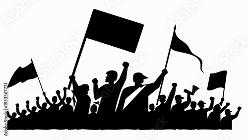 Dynamic crowd silhouette at a protest or rally raising fists and holding blank flags high under a bright sky symbolizing collective action and social movements