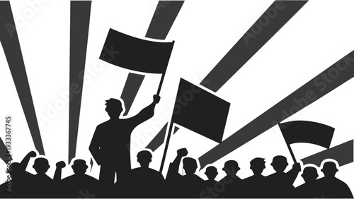 Silhouette of a leader holding flags and rallying a crowd, representing revolution or political movement, dramatic graphic