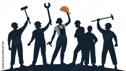 Diverse group of construction workers in silhouette holding tools and wearing hard hats celebrating labor day with pride and unity against a clean white background symbolizing