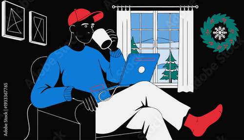 Cozy winter scene illustration of a person working on a laptop while drinking coffee, sitting in a chair by a window with snow outside, conveying remote work and holiday comfort.