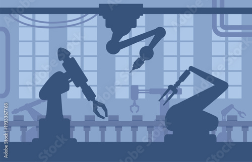 Automated production conveyor. Robotic arms on factory or manufacture. Industrial technologies, robot workers, machinery, sapid vector scene
