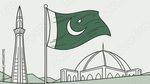 Illustrative sketch of iconic Pakistani landmarks including a mosque with a dome, a tall minaret, and the national flag waving, representing national pride and heritage.