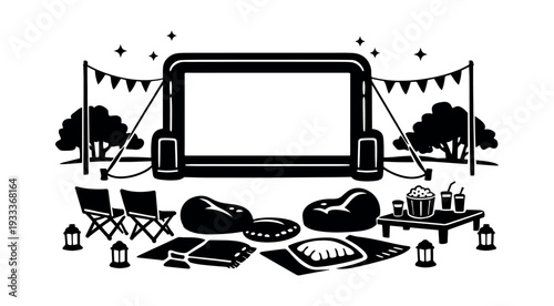 Backyard movie setup showing an inflatable screen, chairs, bean bags, blankets, popcorn, drinks, lanterns, and bunting banners