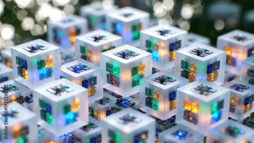 Array of illuminated micro cubes on reflective surface.